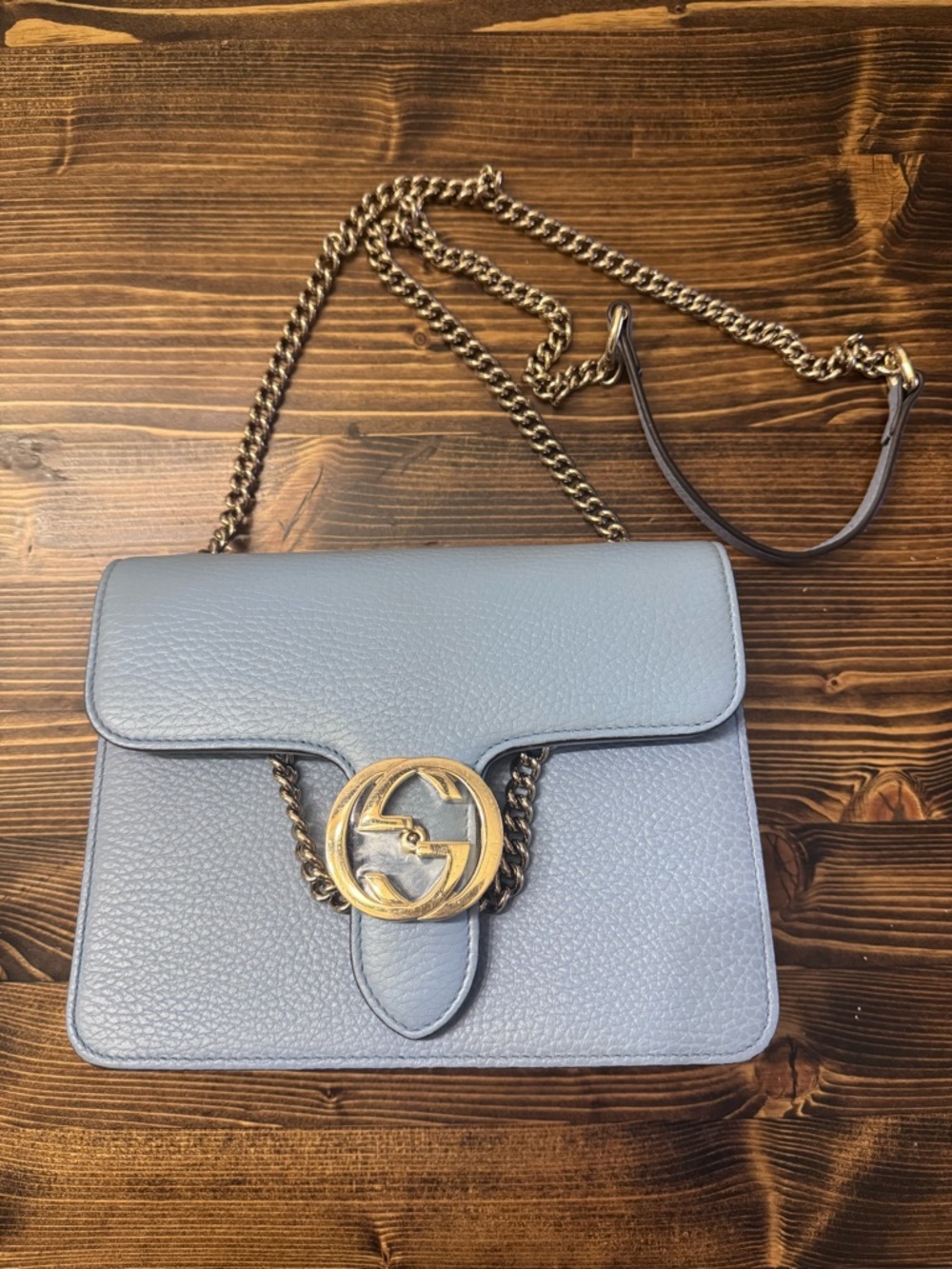 Gucci Light Blue Pebbled Leather Shoulder Bag with Gold Hardware